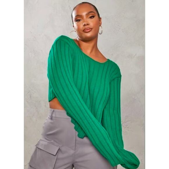 PrettyLittleThing Green Chunky Knit Long Sleeve Dip Hem Crop Top NWT UK Size XXL - Picture 3 of 7